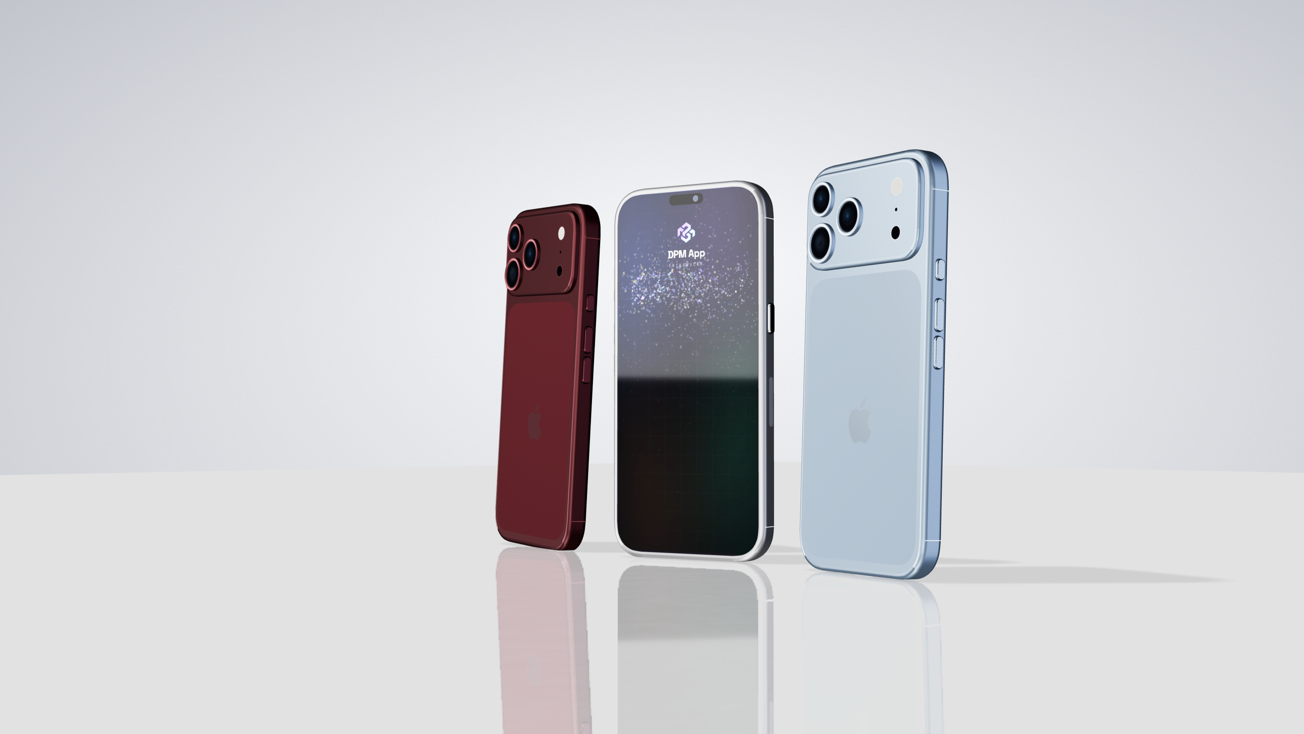Three photoreal iPhone 18 Pro devices staged on a white sweep